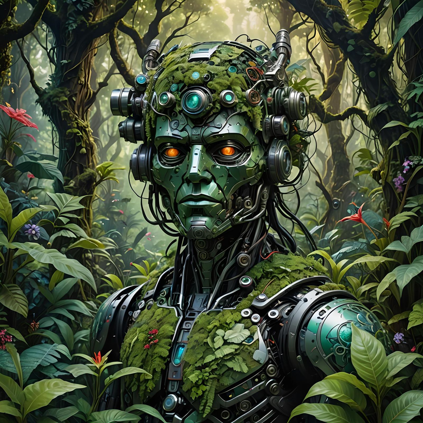 Cyborg Camouflage in Lush Fantasy Forest
