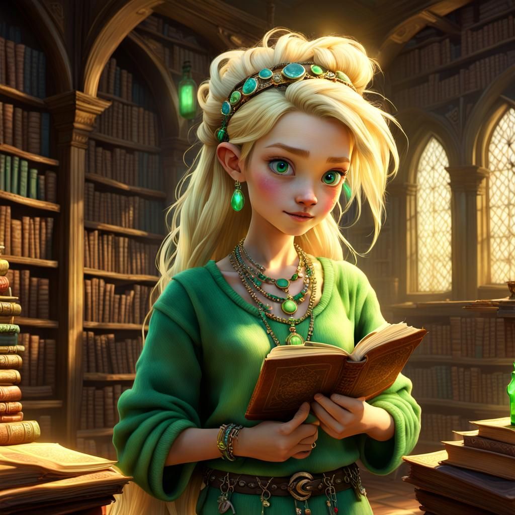 Punky Pixie in Mystical Library: 3D Digital Art