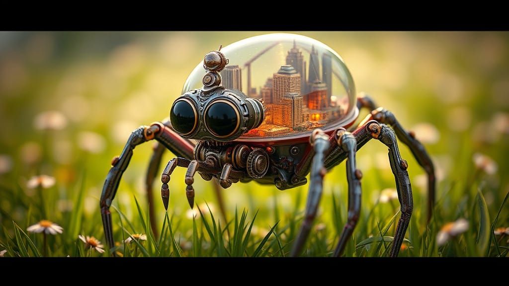 Whimsical Steampunk Spider Amidst a Lush Meadow