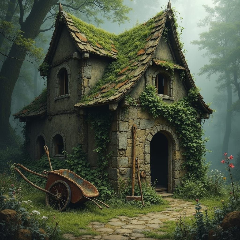 Whimsical, Weathered Cottage in a Dark Wood