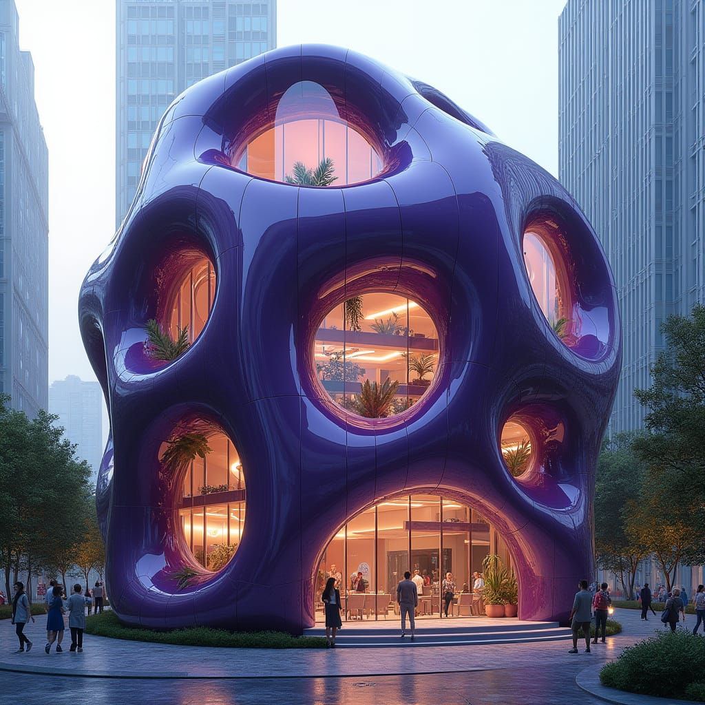 Surreal Futuristic Structure Unfolds in Dark Purple Plastic