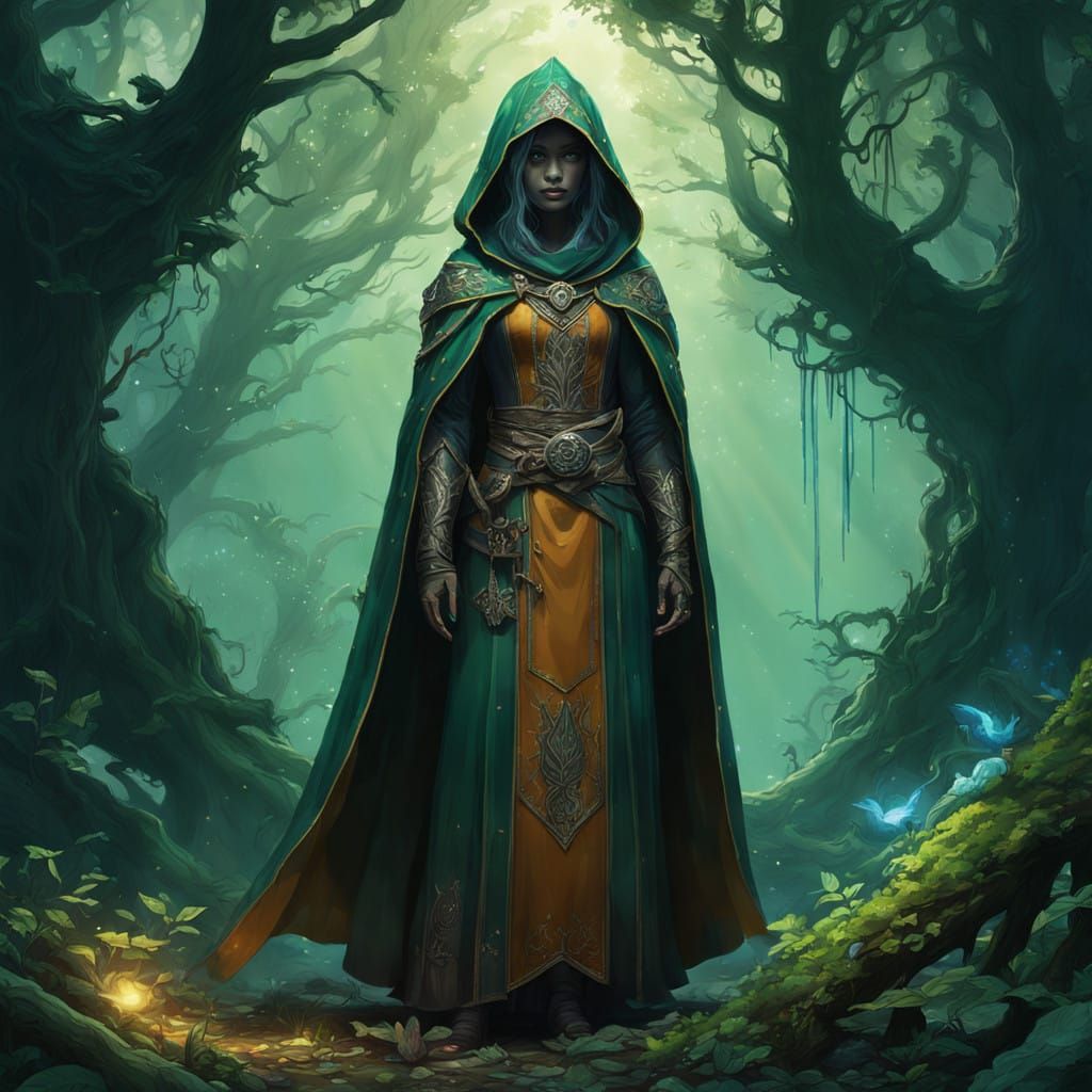 Sorceress Amidst Wild Arcane Forest Elegance