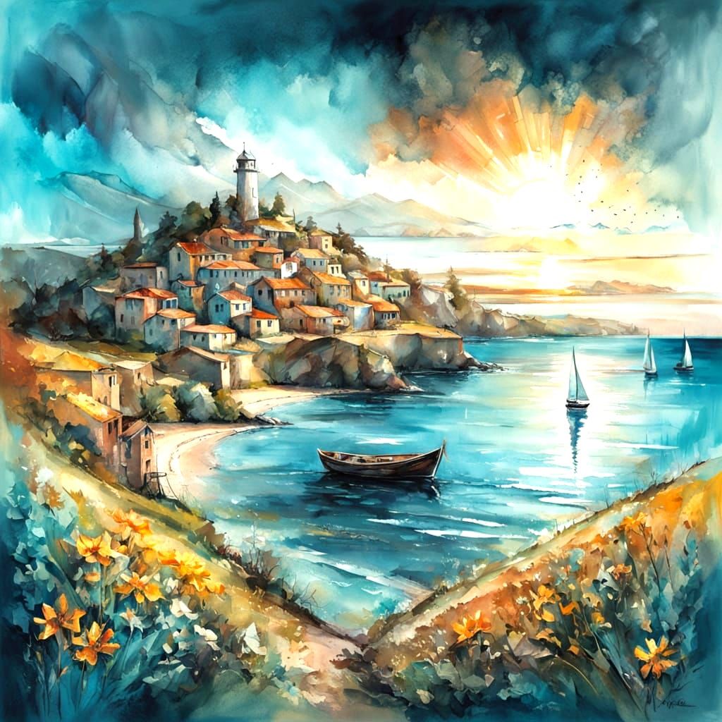 Cubist Seaside Town Portrait in Watercolor Style