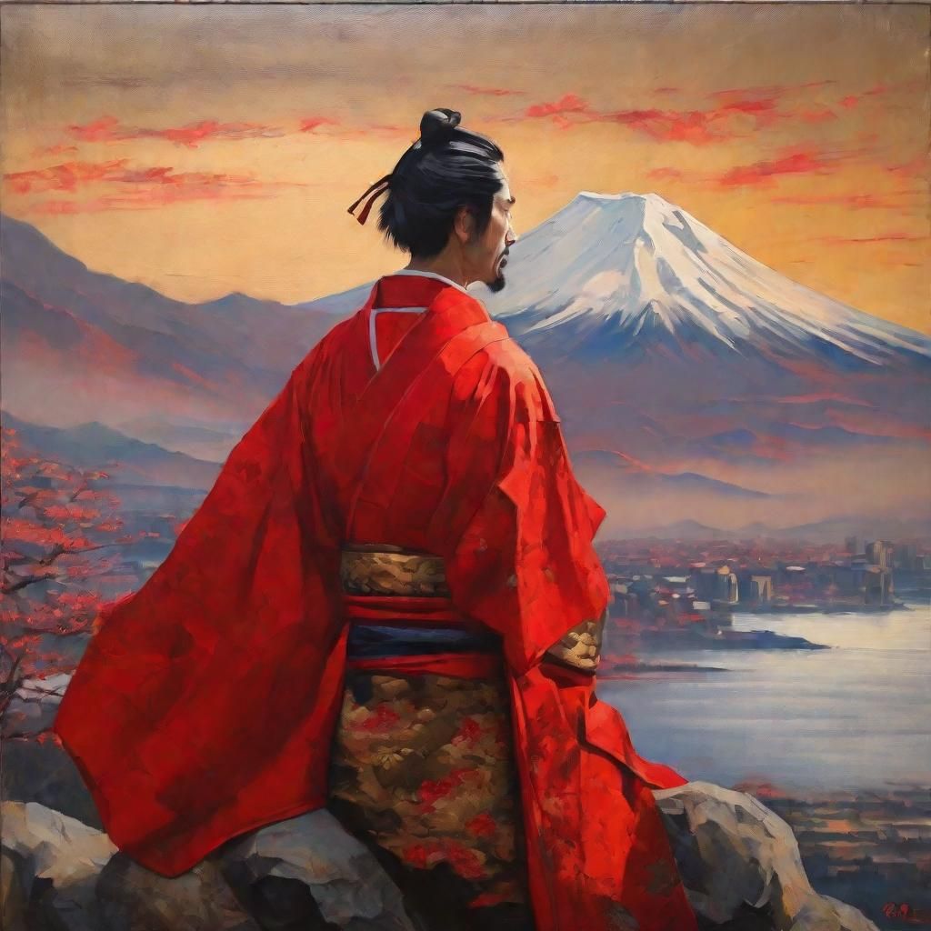 Samurai Overlooking Cityscape in Japanese Romanticism Style