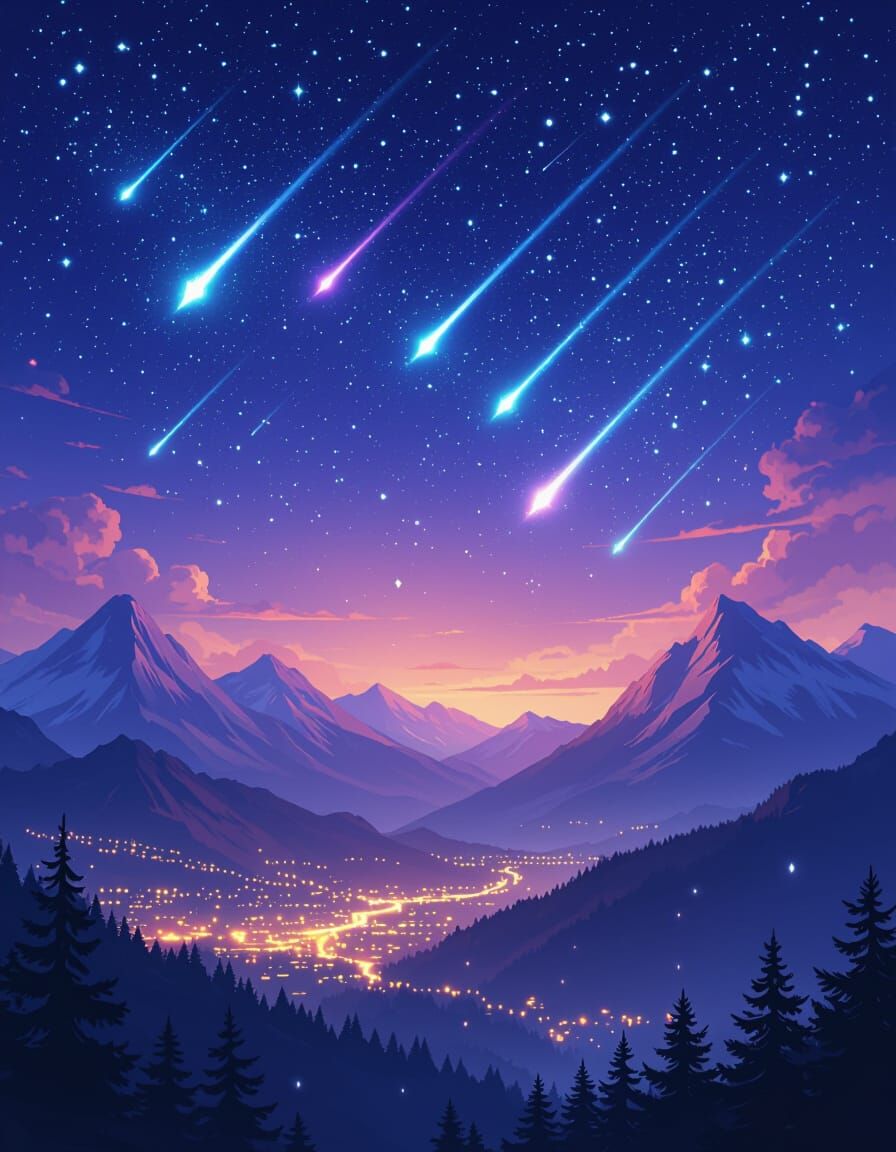 Magical Night Sky with Shooting Stars and Glowing City