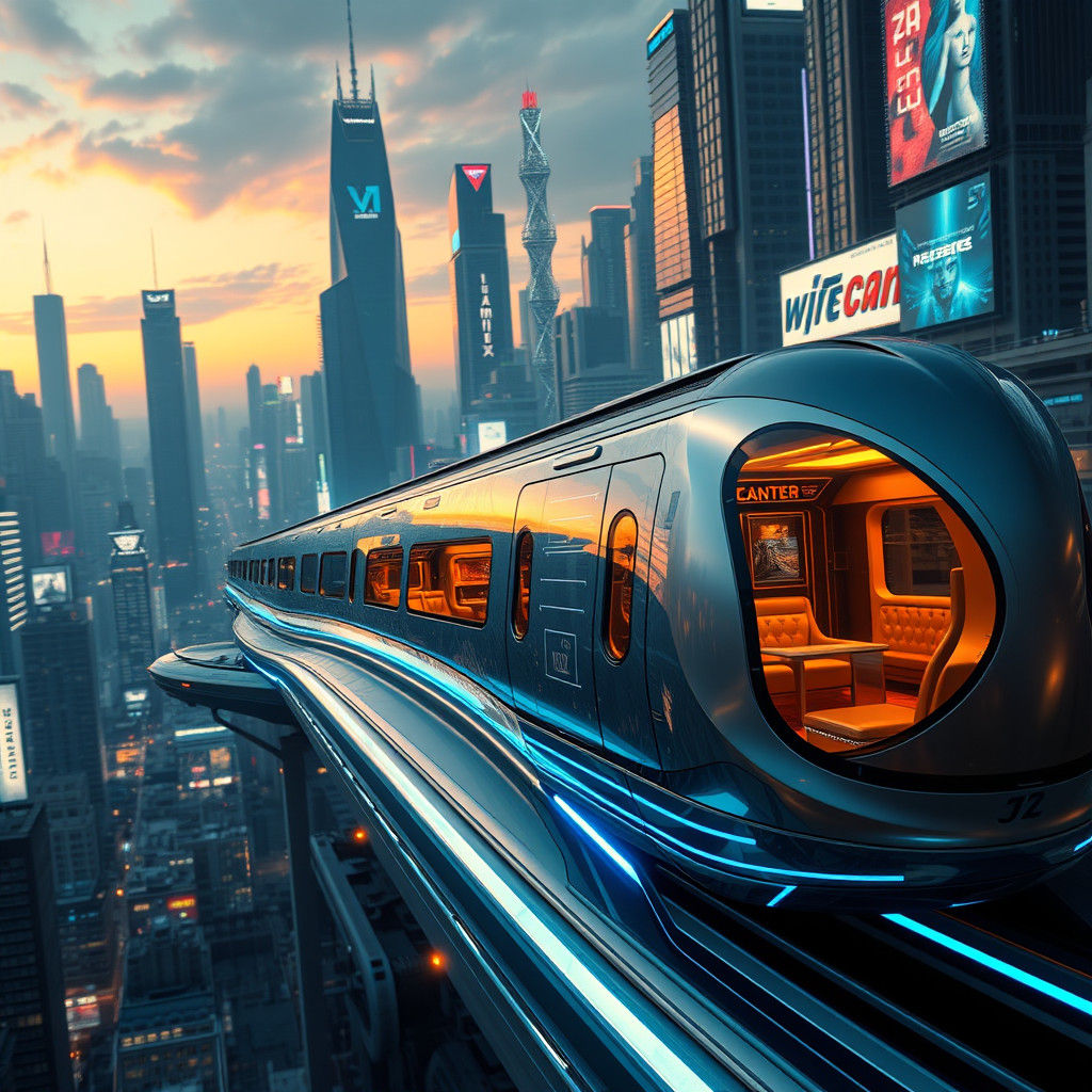 Futuristic Bullet Train Glides Through Neon Metropolis