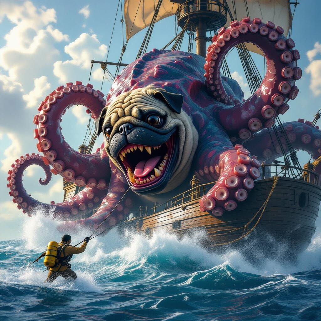Pug Kraken Attacks Sailing Ship: Fantasy Art