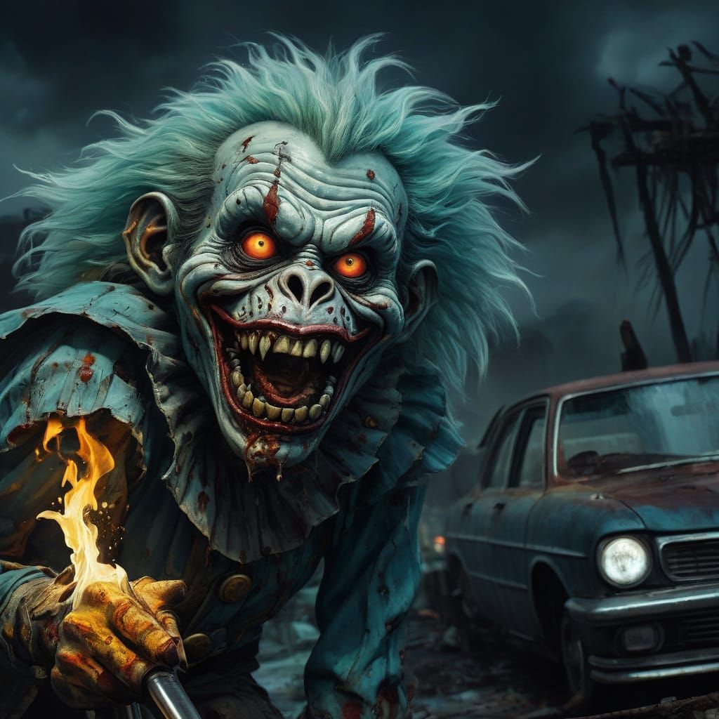 Surreal Clown Zombie Grinning at Schoolboys in a Dreamlike S...