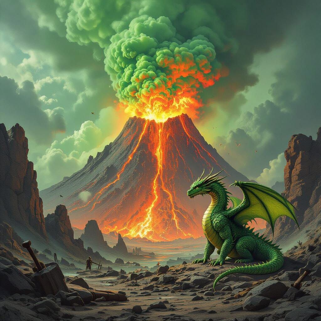 Acid Volcano Eruption with Dragon in Beksiński Style