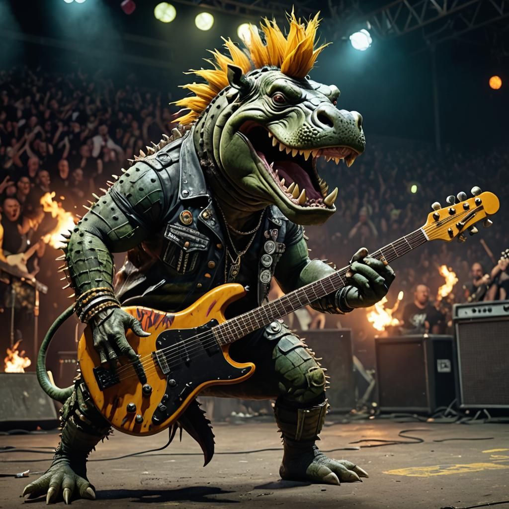 Psychedelic Punk Hippopotamus Creature Headbanging on Stage
