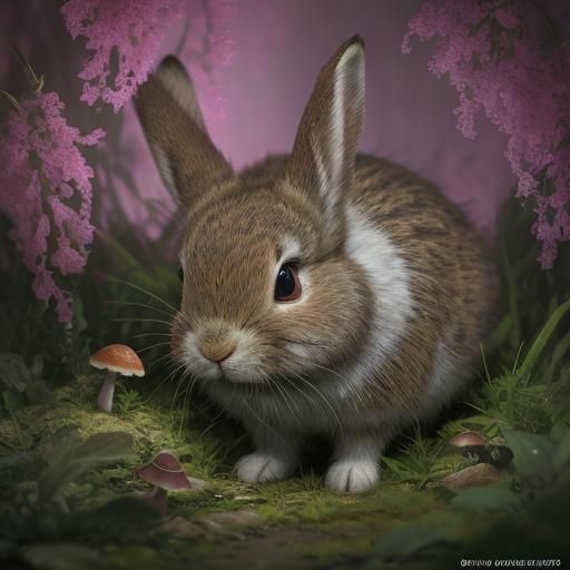 Rabbit Hiding in Forest, Hyperrealistic Macro Photo