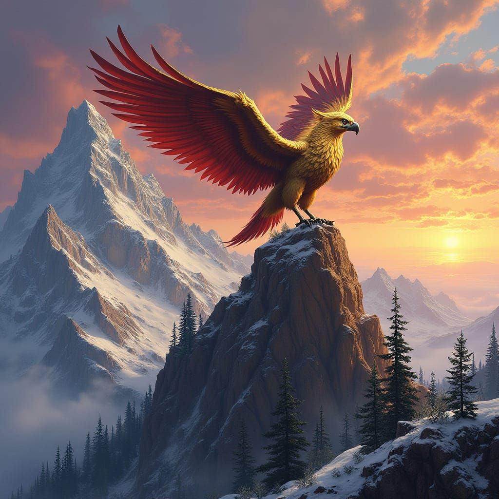 Griffin Perched Atop Snowy Mountain Peak