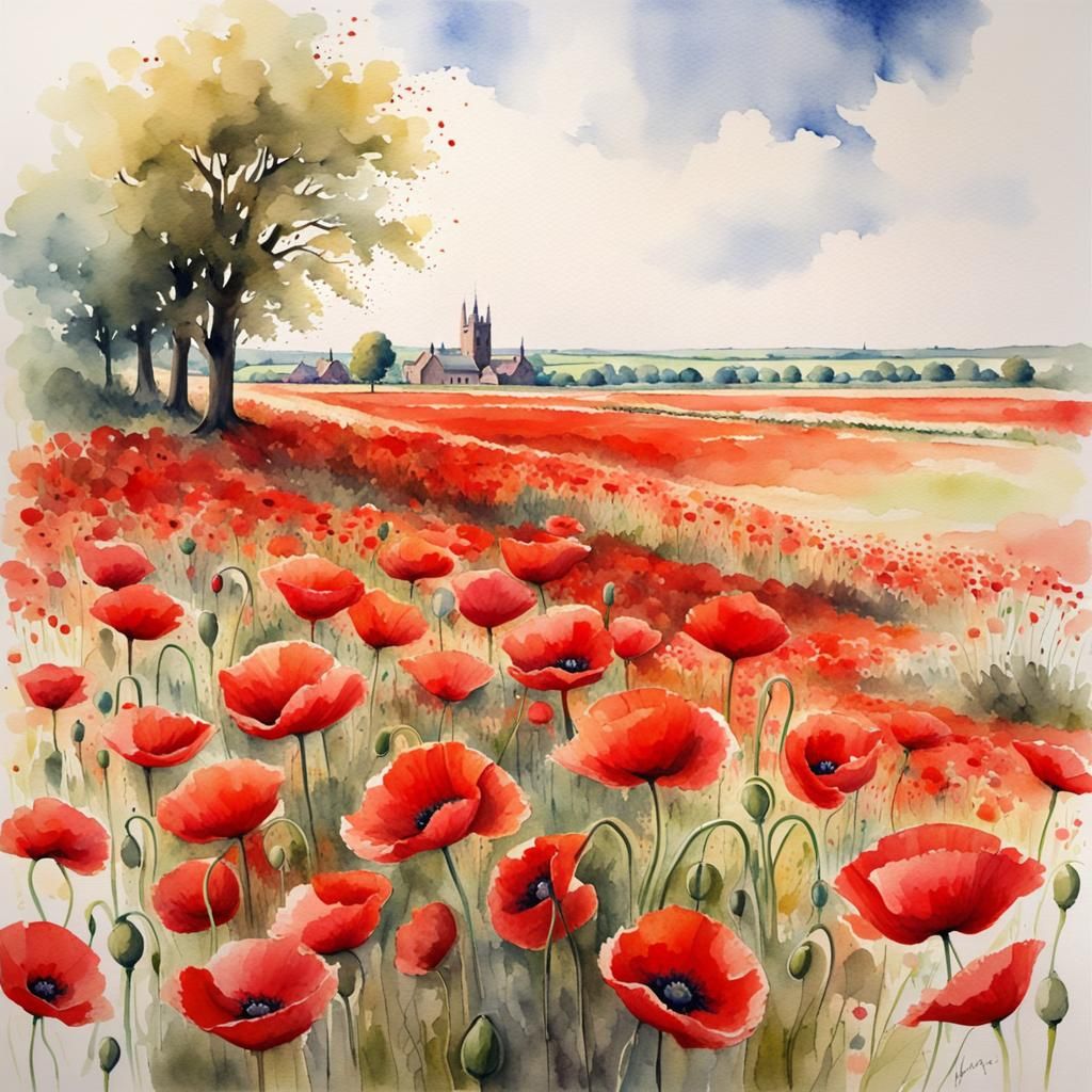Watercolour Field of Red Poppies Art