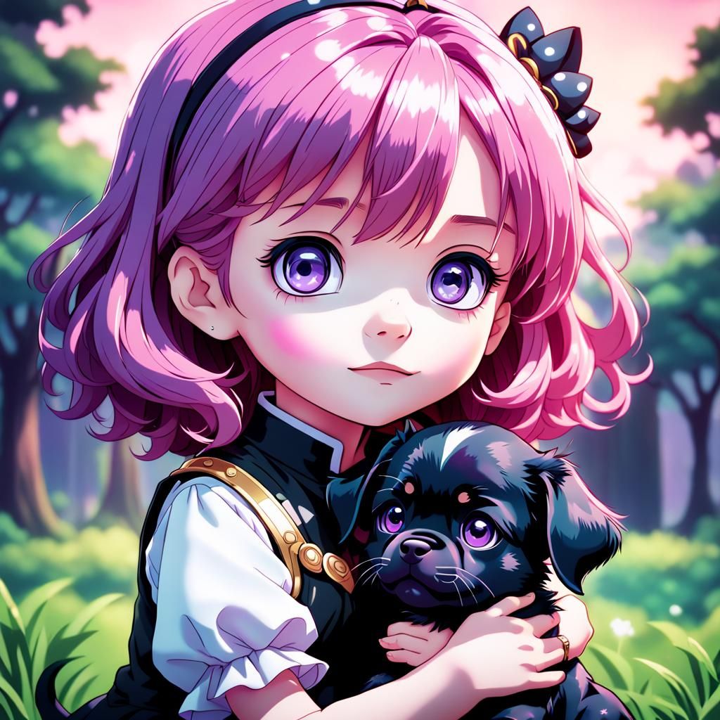 Chibi Anime Princess Holding Puppy in Manga Style