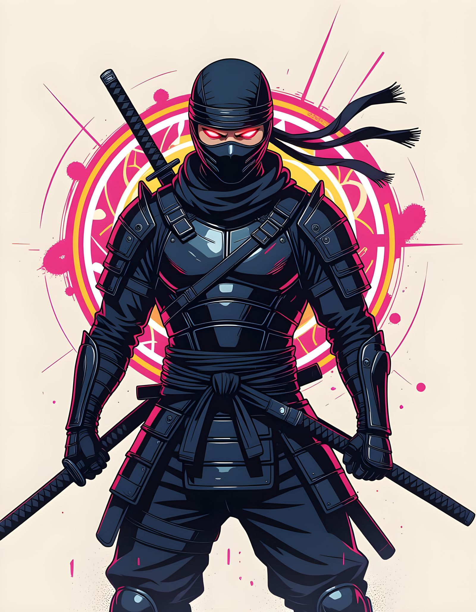 Fierce Ninja Surrounded by Abstract Neon Patterns