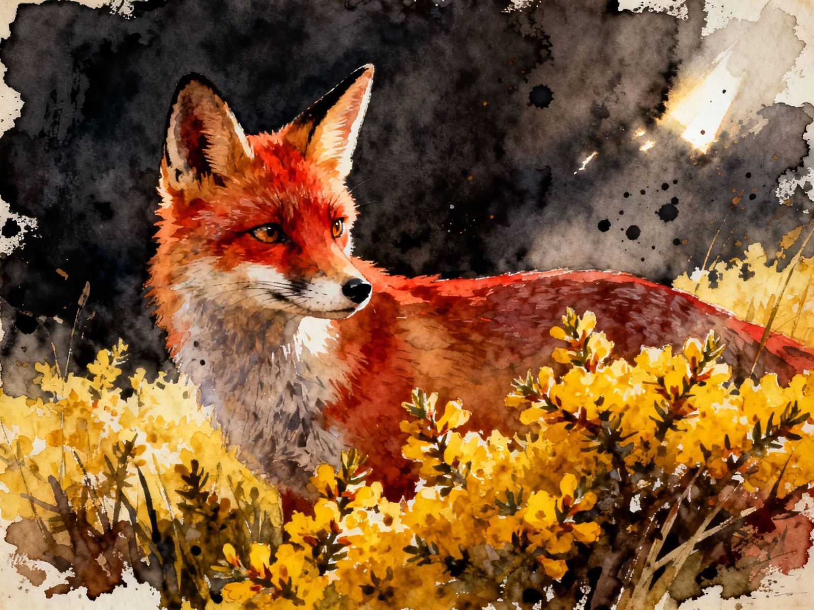 Red Fox in Golden Gorse Field, Expressive Watercolor Art