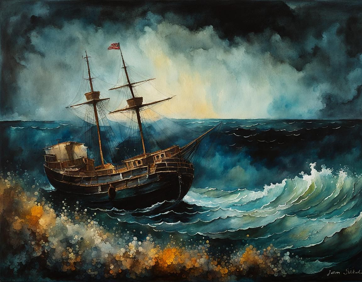 Magical Shipwreck in Deep Water: Watercolor Painting