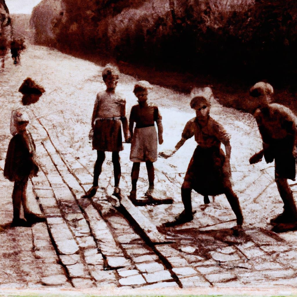 Children at Play on a Brick Paved Village Road in a Vintage....