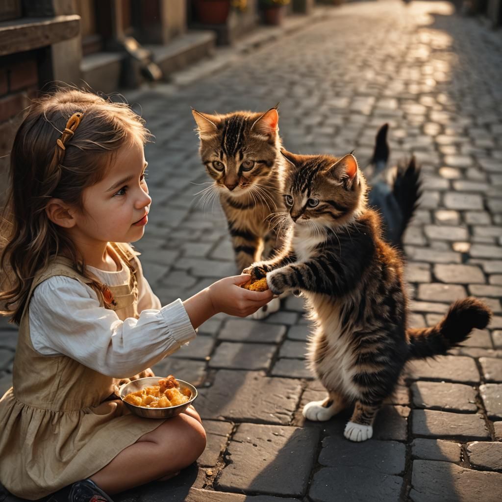 Girl Shares Food With Kitten: Hyper-Realistic Portrait