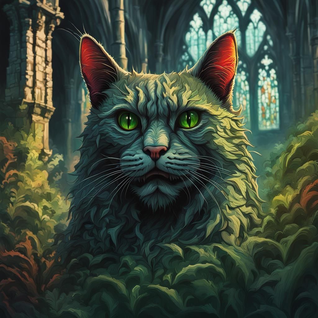 Vampire Cat in Gothic Graveyard, Hyperrealistic Art