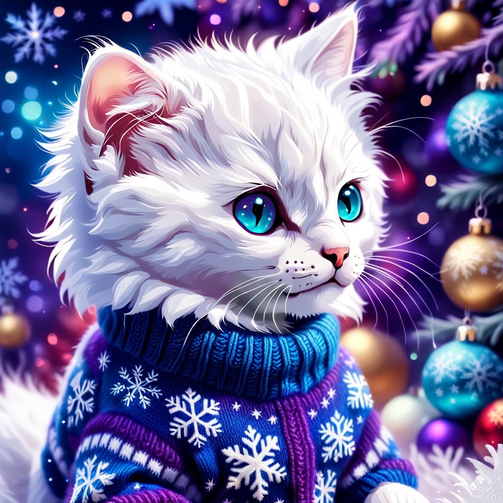 Vibrant Fantasy Christmas Kitten in Oversized Sweater