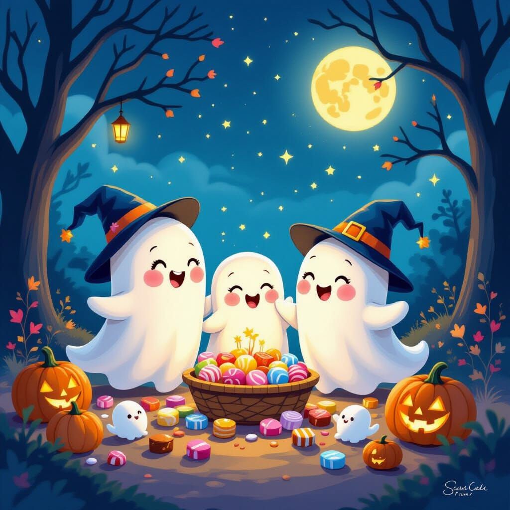 Cute Ghosts Celebrate Sweetest Halloween With Magic and Cand...