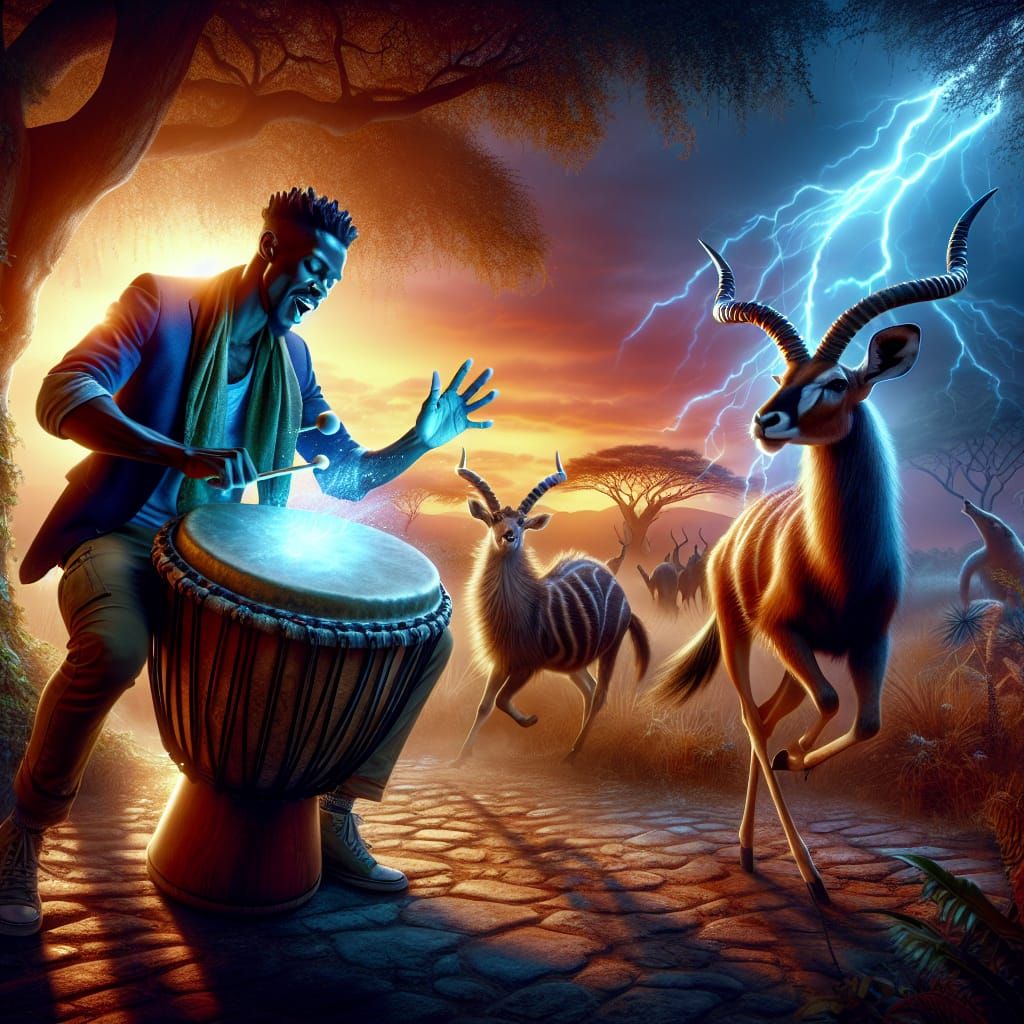 African Twilight Dance: Antelope, Anteater, and Drummer in M...