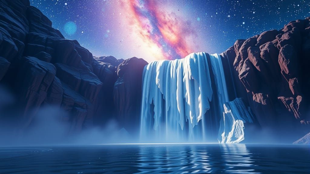 Ethereal Crystal Waterfall Under Starry Night Sky