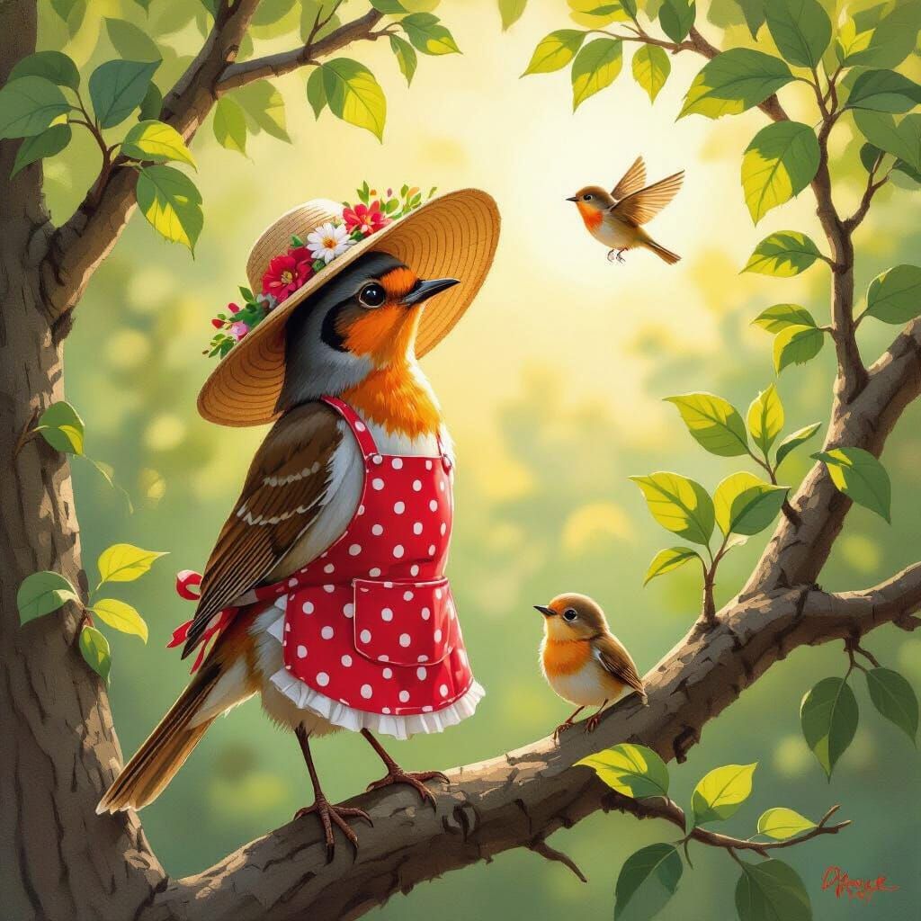 Robin Mother Watches Baby Bird Fly