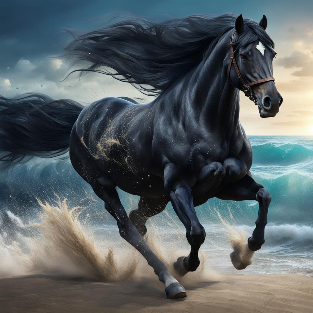 Black Horse Galloping on Beach, Detailed Matte Painting