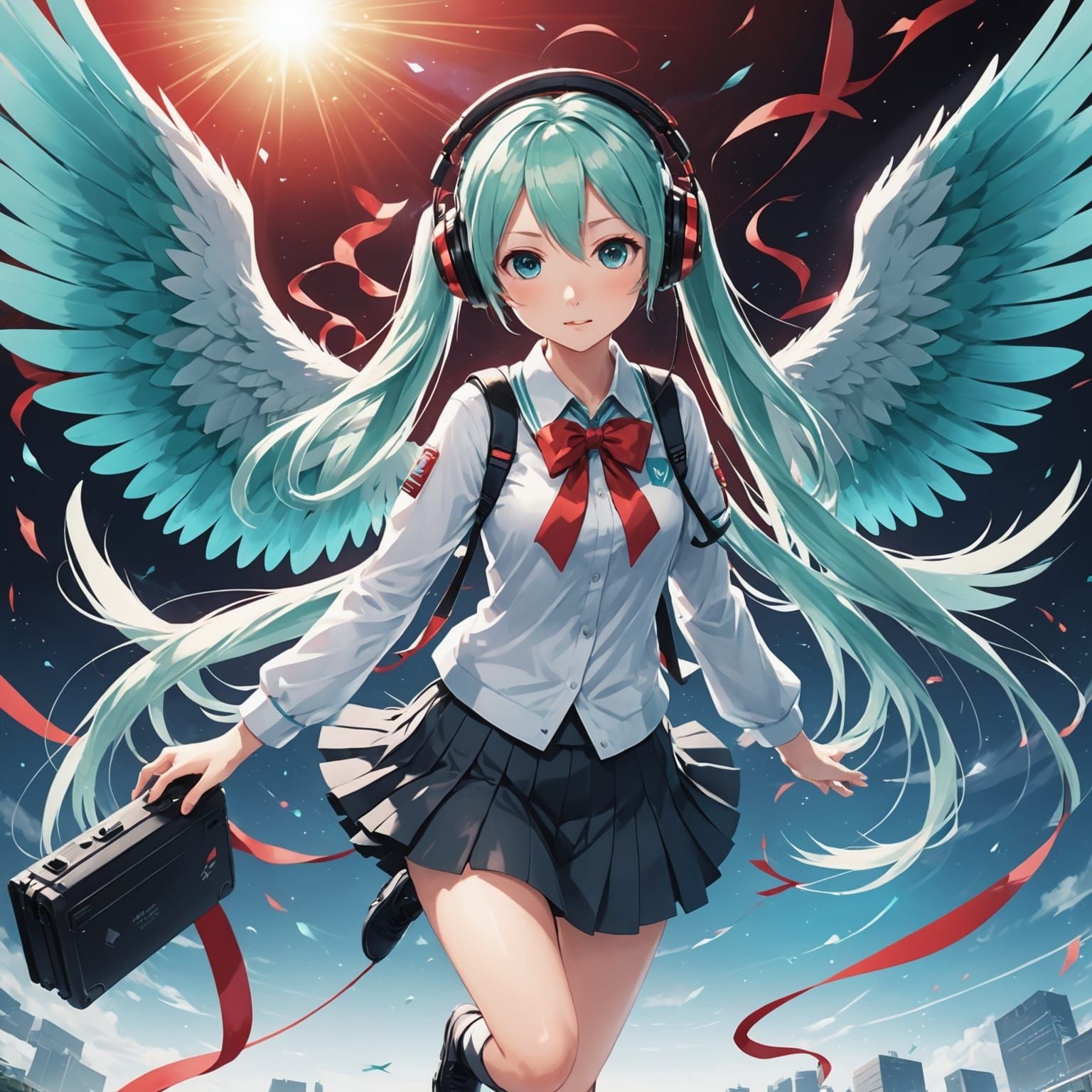 Hatsune Miku With Angel Wings in School Uniform