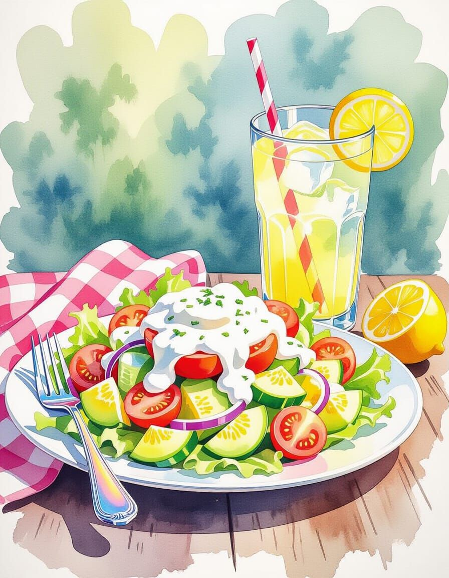 Vibrant Watercolor Salad and Lemonade Art
