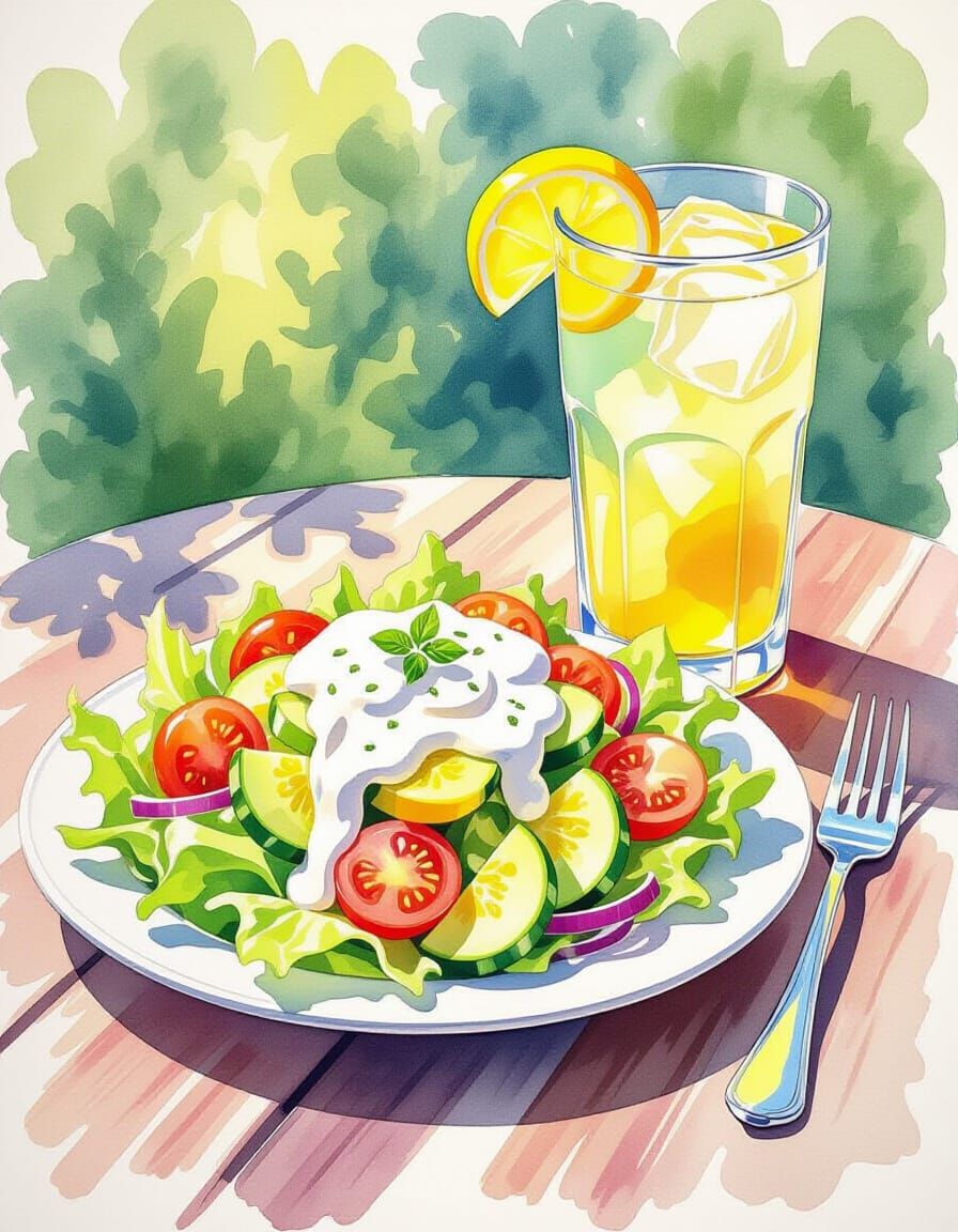 Vibrant Salad and Lemonade Watercolor Art