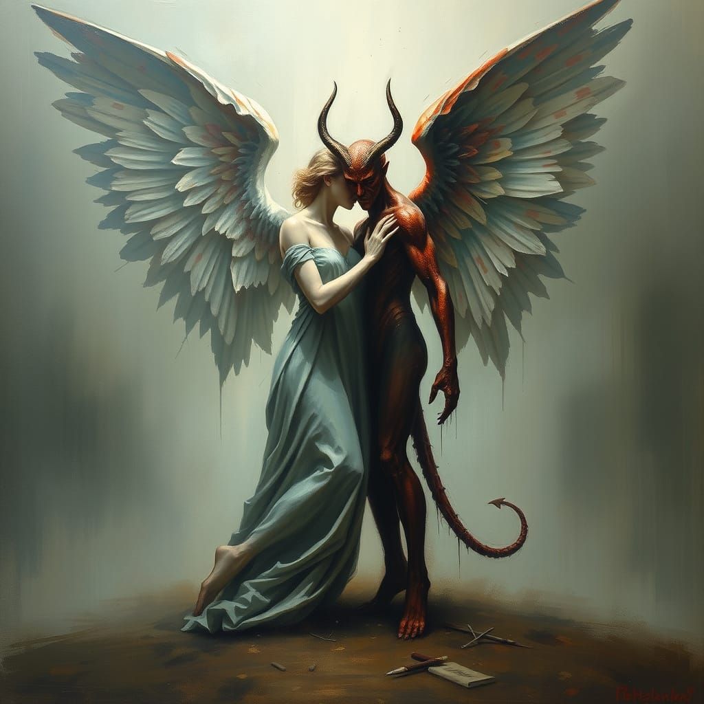 Angel and Demon Intertwined in Misty Landscape