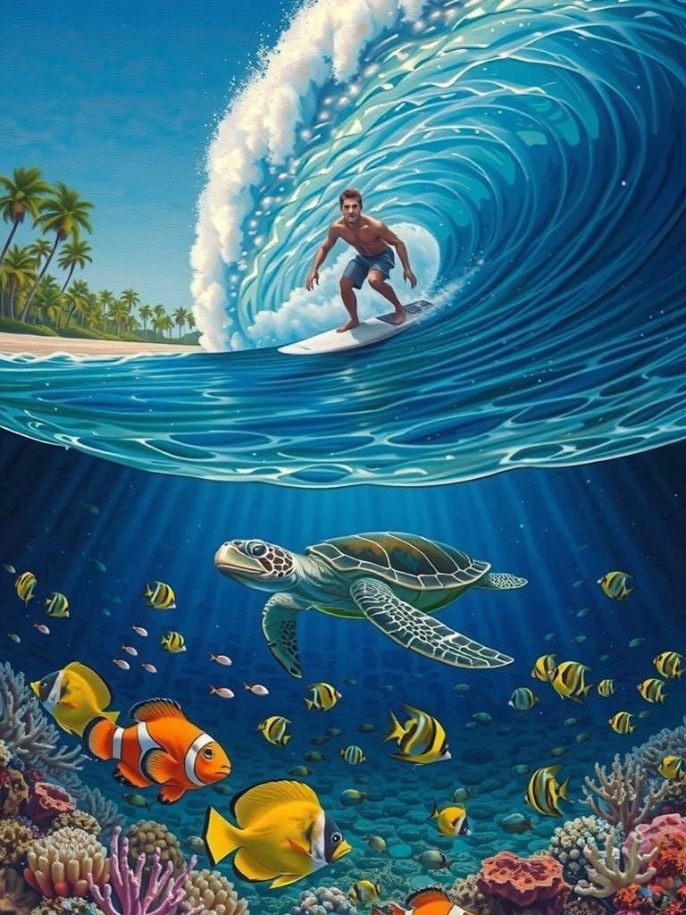 Surfer in Extreme Close-Up on Vibrant Coral Reef