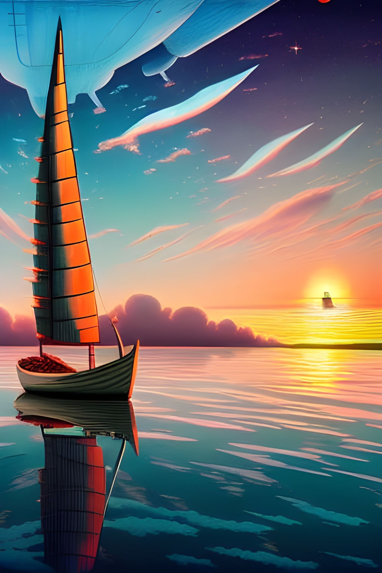 Vibrant Surrealist Sailboat Scene in Studio Ghibli Style