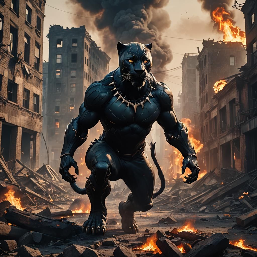 Menacing Black Panther in Burning City Ruins