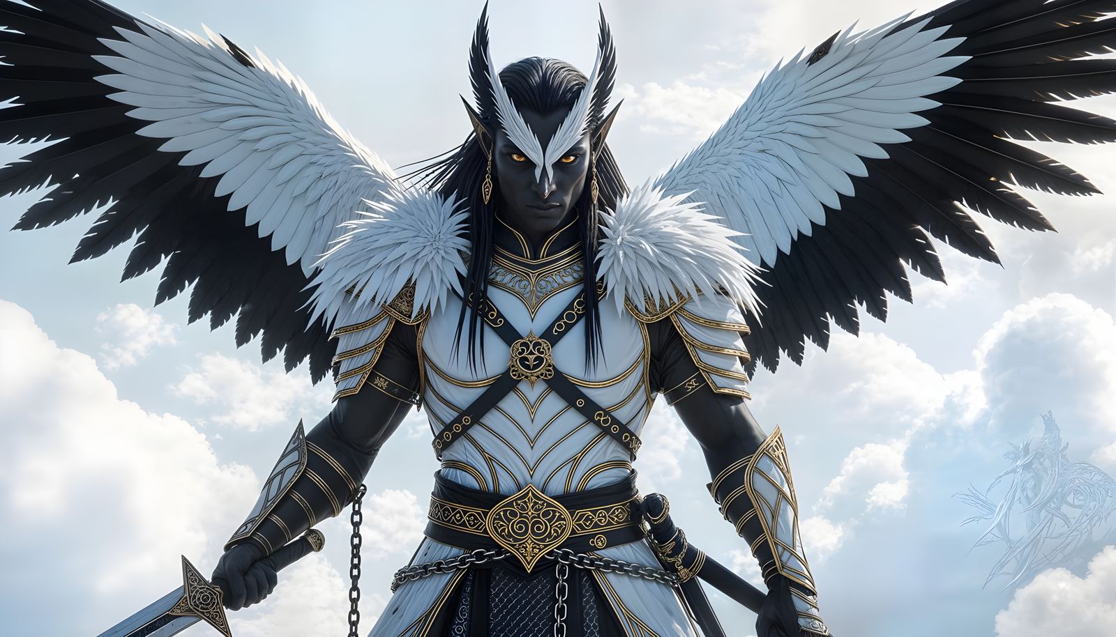 Elf Warrior with Flaming Hair and Owl Wings