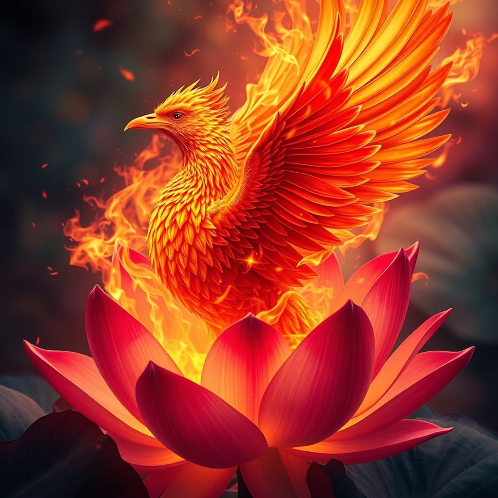 Majestic Phoenix Rising from Lotus Flames