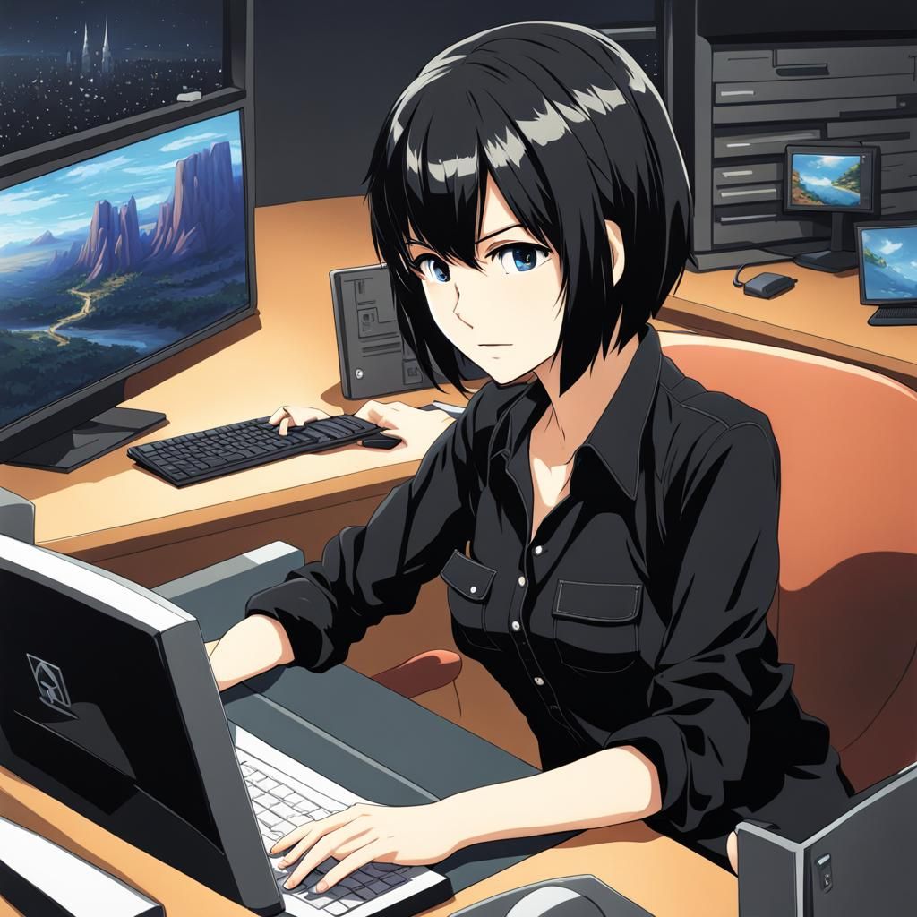 Anime Woman at Computer in Manga Style