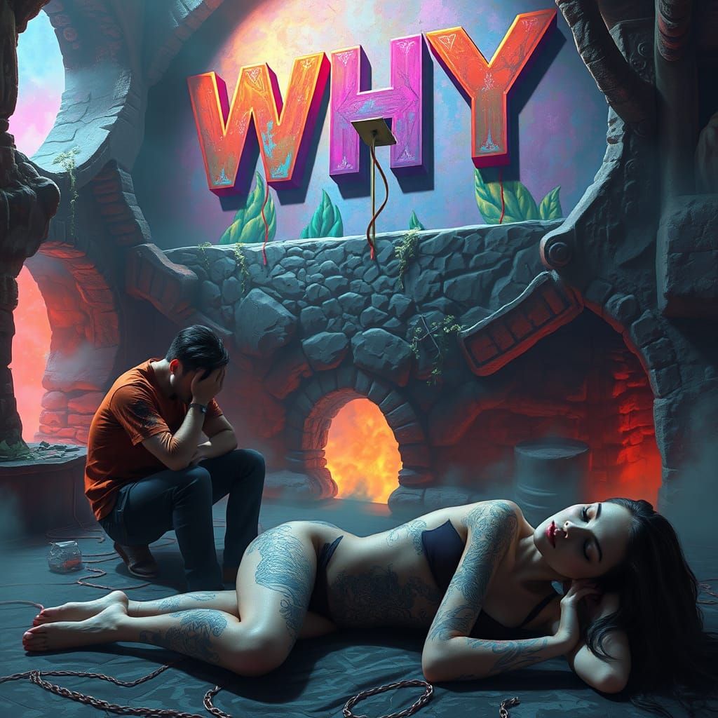 Surreal Question: Man Paints 'WHY' in Dreamscape