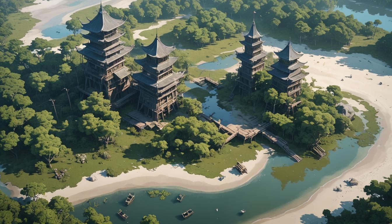 Air Tower on Swamp Beach in 3D Anime Style