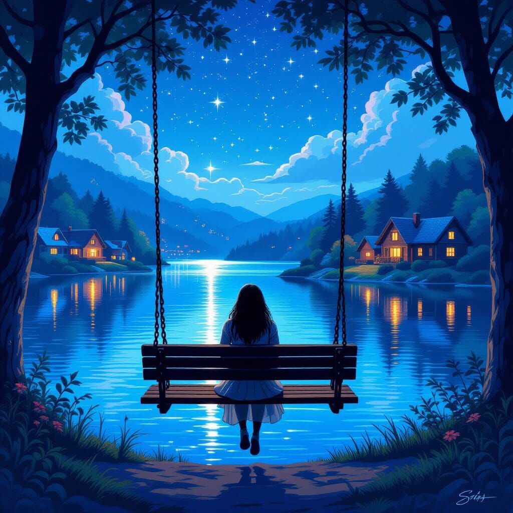 A dreamy, ethereal scene with a figure on a swing overlookin...