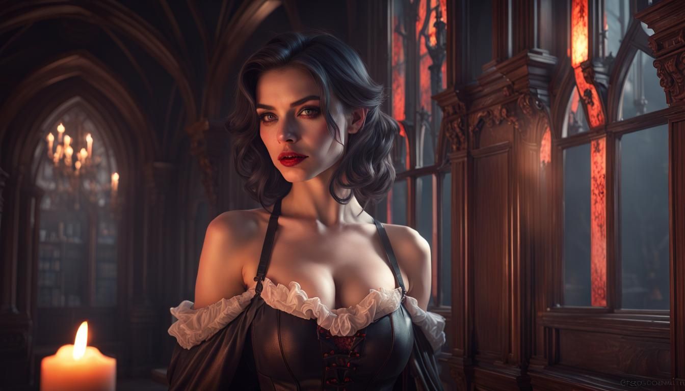 Sensual Vampire in Gothic Setting: Digital Portrait