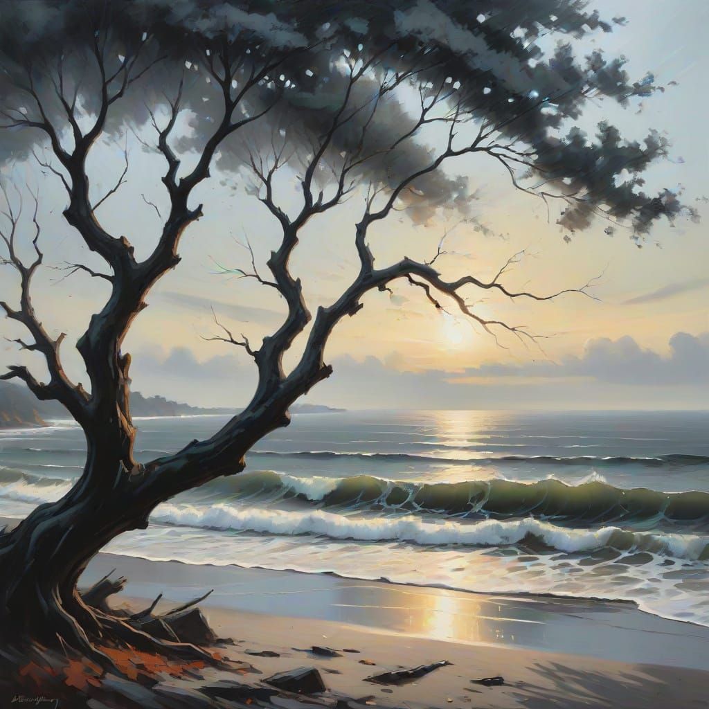 Dramatic Tree Silhouettes Over the Sea: Oil Painting
