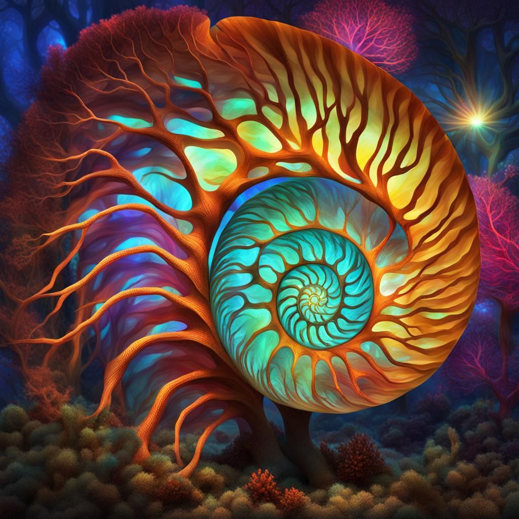 Glowing Nautilus-Tree Hybrid in Vibrant Colors
