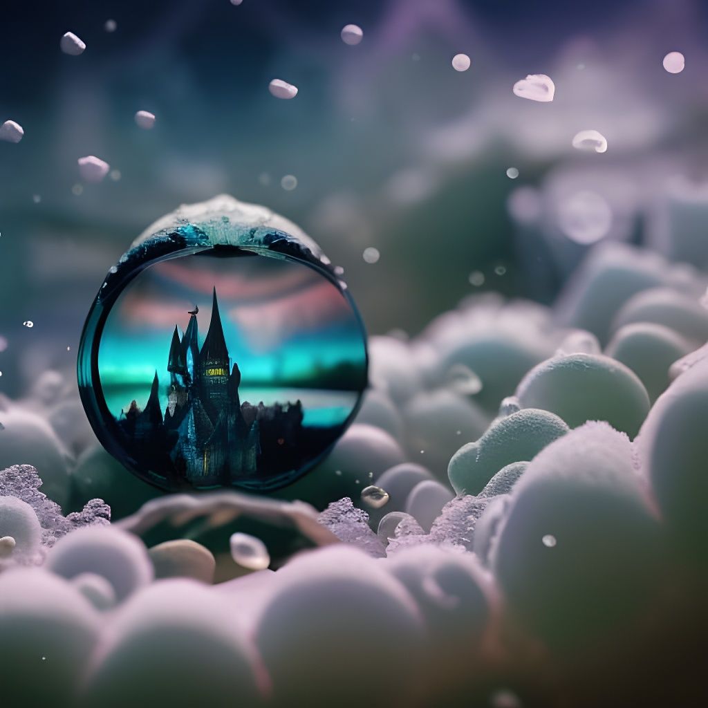 macro lens castle iridescent fantasy Miniature winter_wunderland !!! micro ecosystem crystalline Castle, water reflectio...