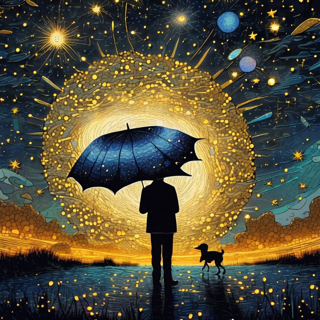 Surreal Night Sky with Twisted Umbrella in Dark Manipulative...