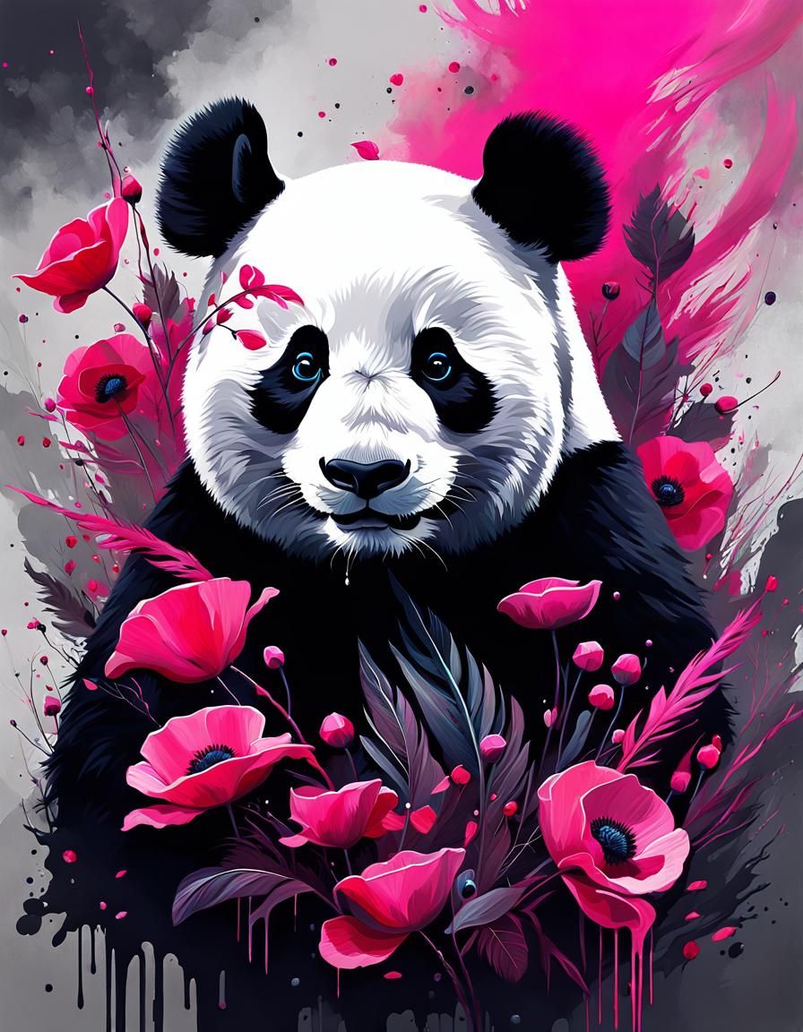 Fantasy Panda with Pink Feathers in Ink Drip Style