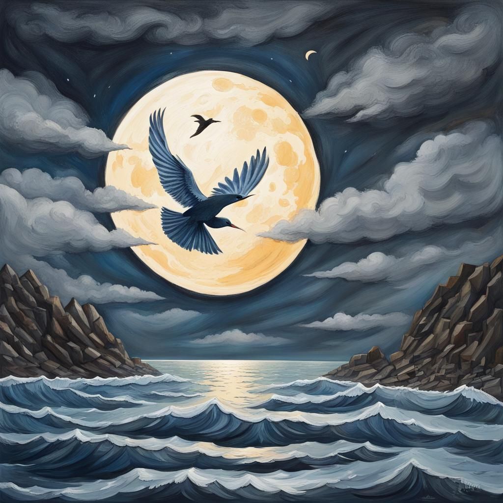 Birds Fly Over Moonlit Sea: Gouache Painting